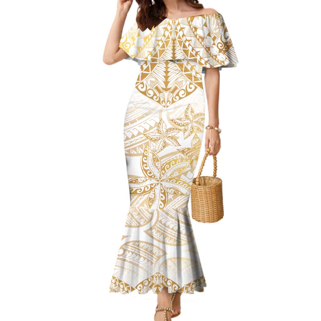 White and Gold Polynesia Family Matching Mermaid Dress and Hawaiian Shirt Plumeria Tattoo With Polynesian Pattern