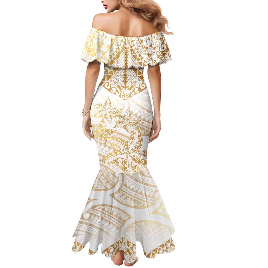White and Gold Polynesia Family Matching Mermaid Dress and Hawaiian Shirt Plumeria Tattoo With Polynesian Pattern