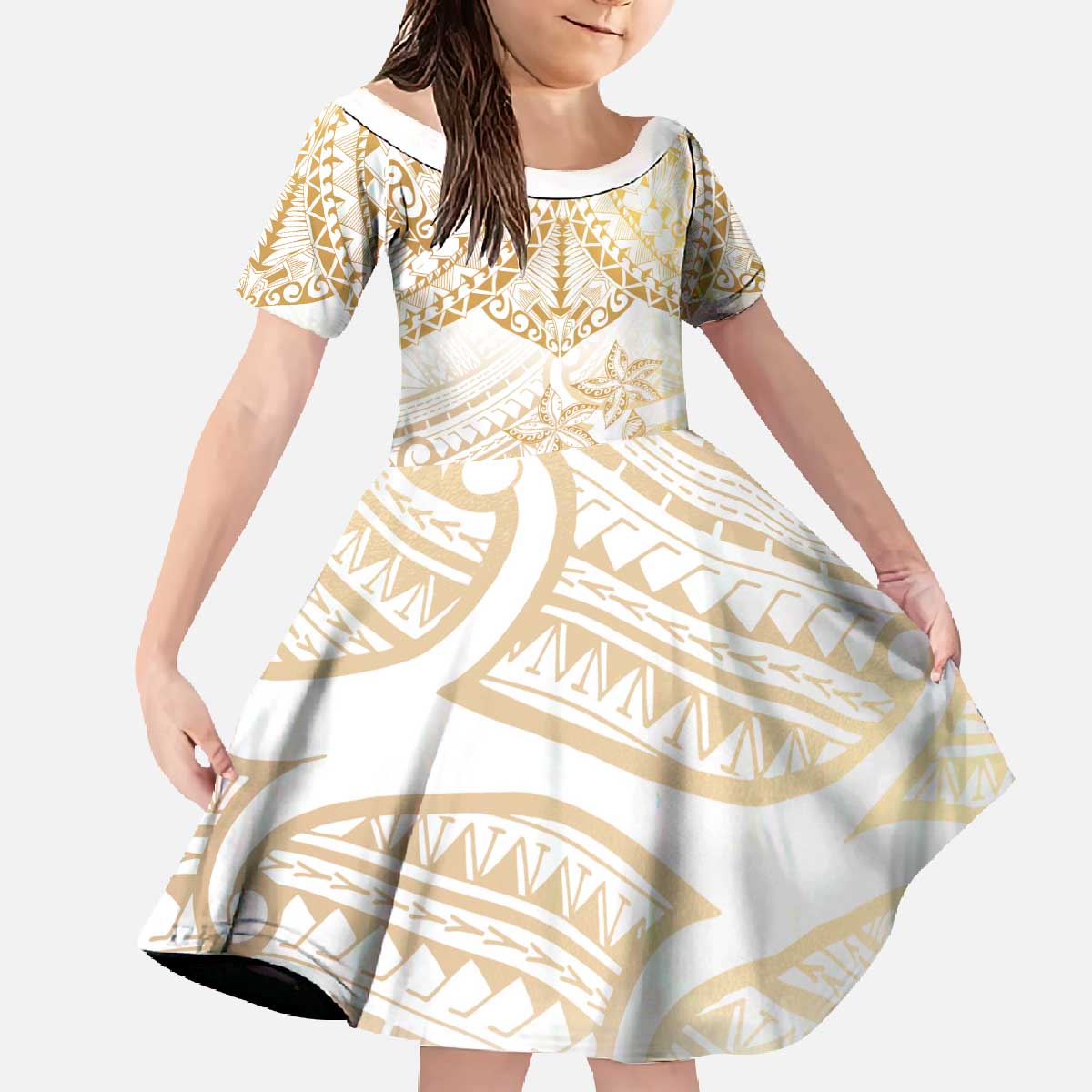 White and Gold Polynesia Family Matching Off The Shoulder Long Sleeve Dress and Hawaiian Shirt Plumeria Tattoo With Polynesian Pattern