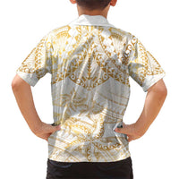 White and Gold Polynesia Family Matching Short Sleeve Bodycon Dress and Hawaiian Shirt Plumeria Tattoo With Polynesian Pattern