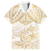 White and Gold Polynesia Family Matching Short Sleeve Bodycon Dress and Hawaiian Shirt Plumeria Tattoo With Polynesian Pattern