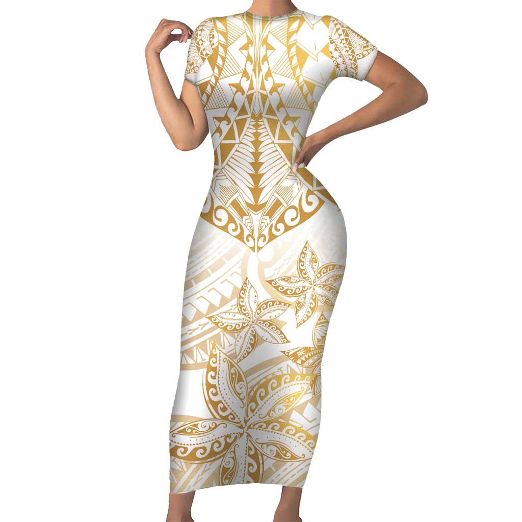 White and Gold Polynesia Family Matching Short Sleeve Bodycon Dress and Hawaiian Shirt Plumeria Tattoo With Polynesian Pattern
