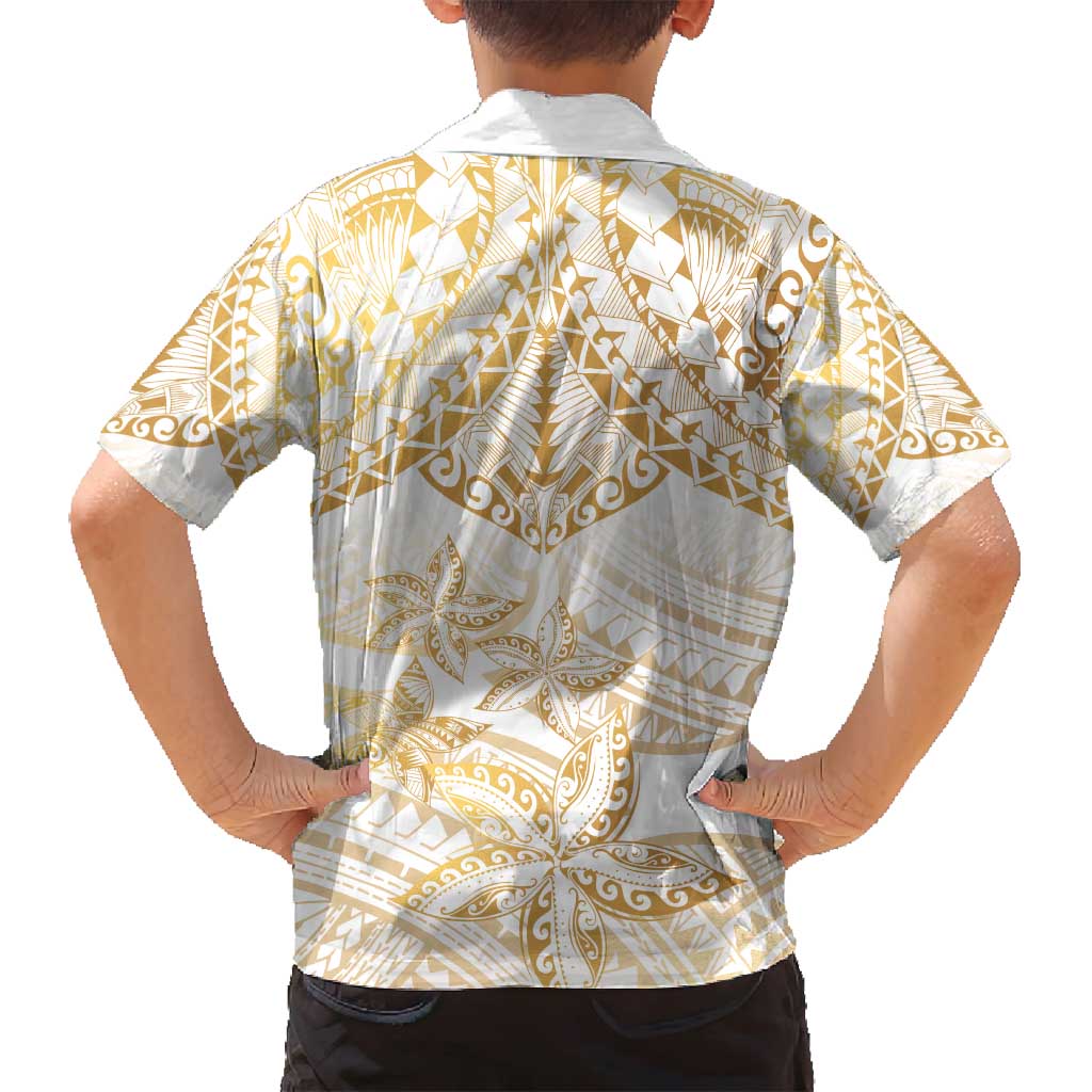 White and Gold Polynesia Family Matching Tank Maxi Dress and Hawaiian Shirt Plumeria Tattoo With Polynesian Pattern