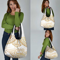 White and Gold Polynesia Grocery Bag Plumeria Tattoo With Polynesian Pattern