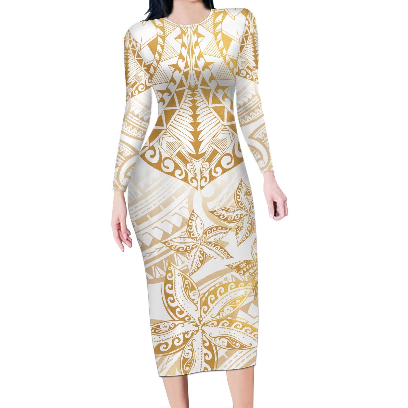 White and Gold Polynesia Long Sleeve Bodycon Dress Plumeria Tattoo With Polynesian Pattern
