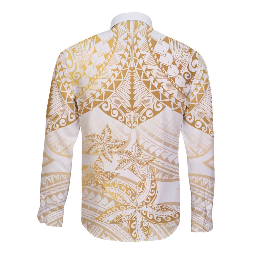 White and Gold Polynesia Long Sleeve Button Shirt Plumeria Tattoo With Polynesian Pattern