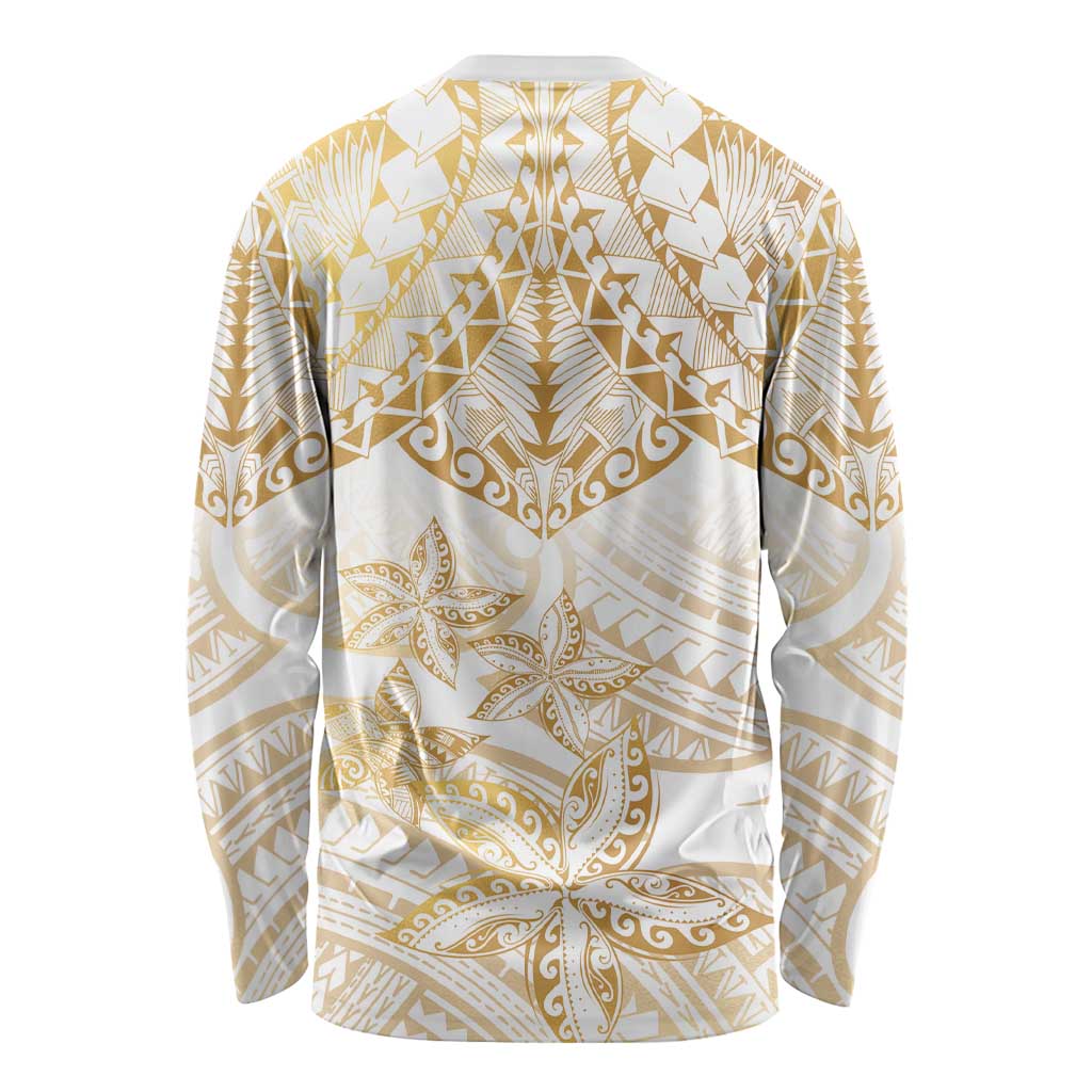 White and Gold Polynesia Long Sleeve Shirt Plumeria Tattoo With Polynesian Pattern