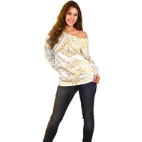 White and Gold Polynesia Off Shoulder Sweater Plumeria Tattoo With Polynesian Pattern