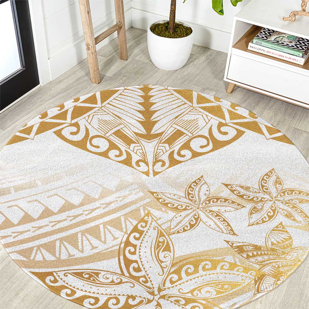 White and Gold Polynesia Round Carpet Plumeria Tattoo With Polynesian Pattern LT14 White - Polynesian Pride