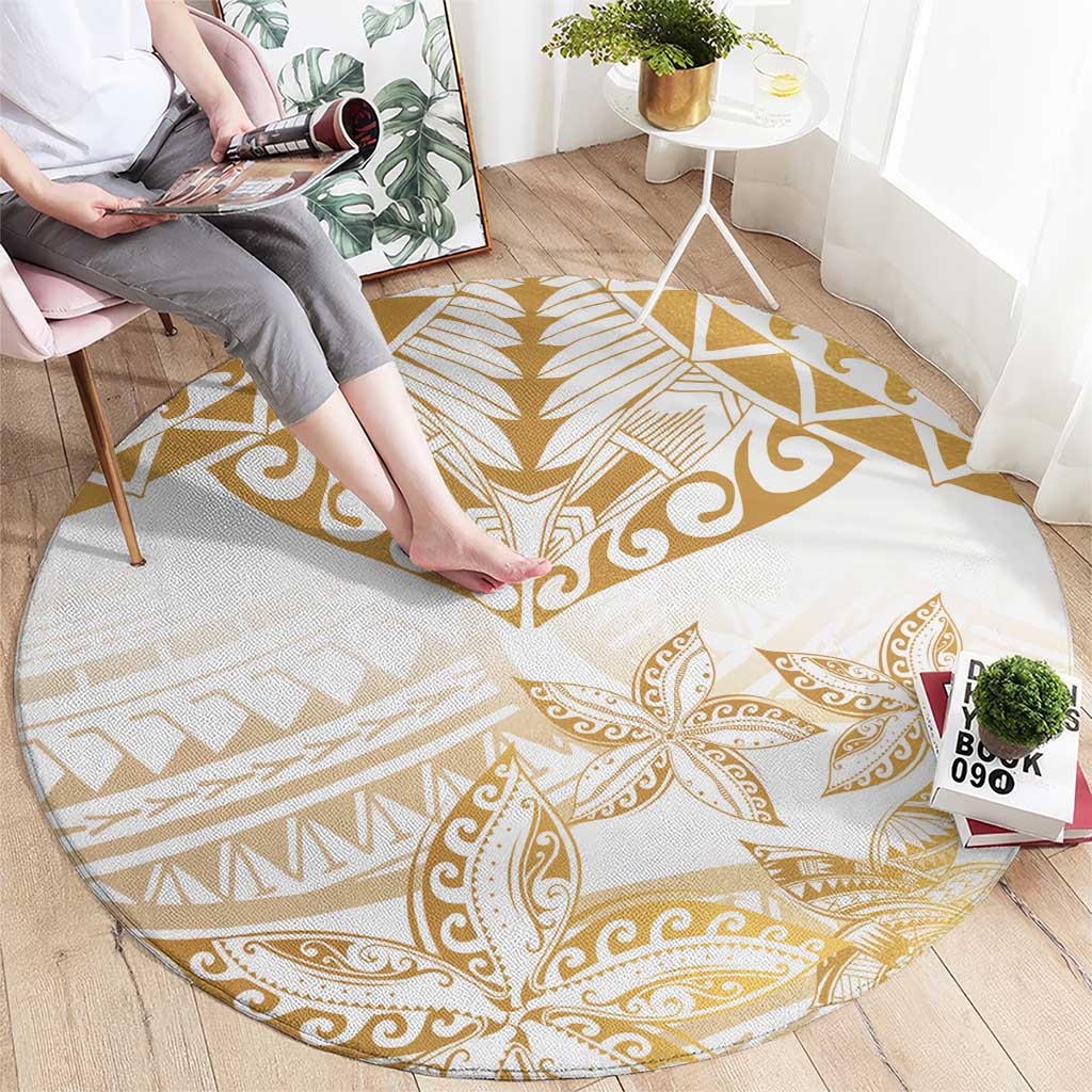 White and Gold Polynesia Round Carpet Plumeria Tattoo With Polynesian Pattern LT14 - Polynesian Pride