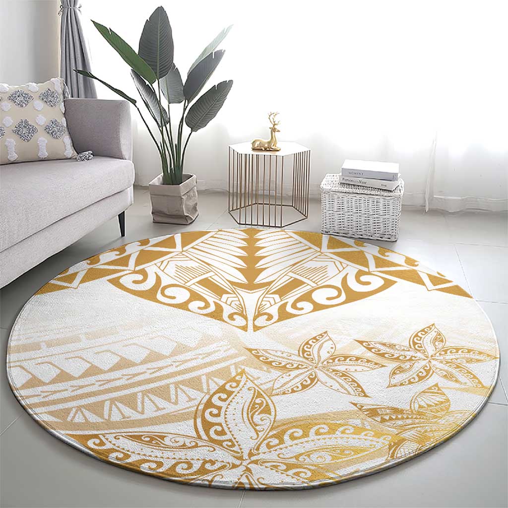 White and Gold Polynesia Round Carpet Plumeria Tattoo With Polynesian Pattern LT14 - Polynesian Pride