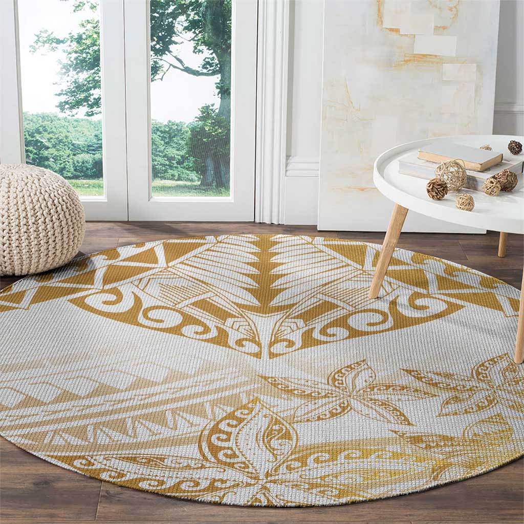 White and Gold Polynesia Round Carpet Plumeria Tattoo With Polynesian Pattern LT14 - Polynesian Pride