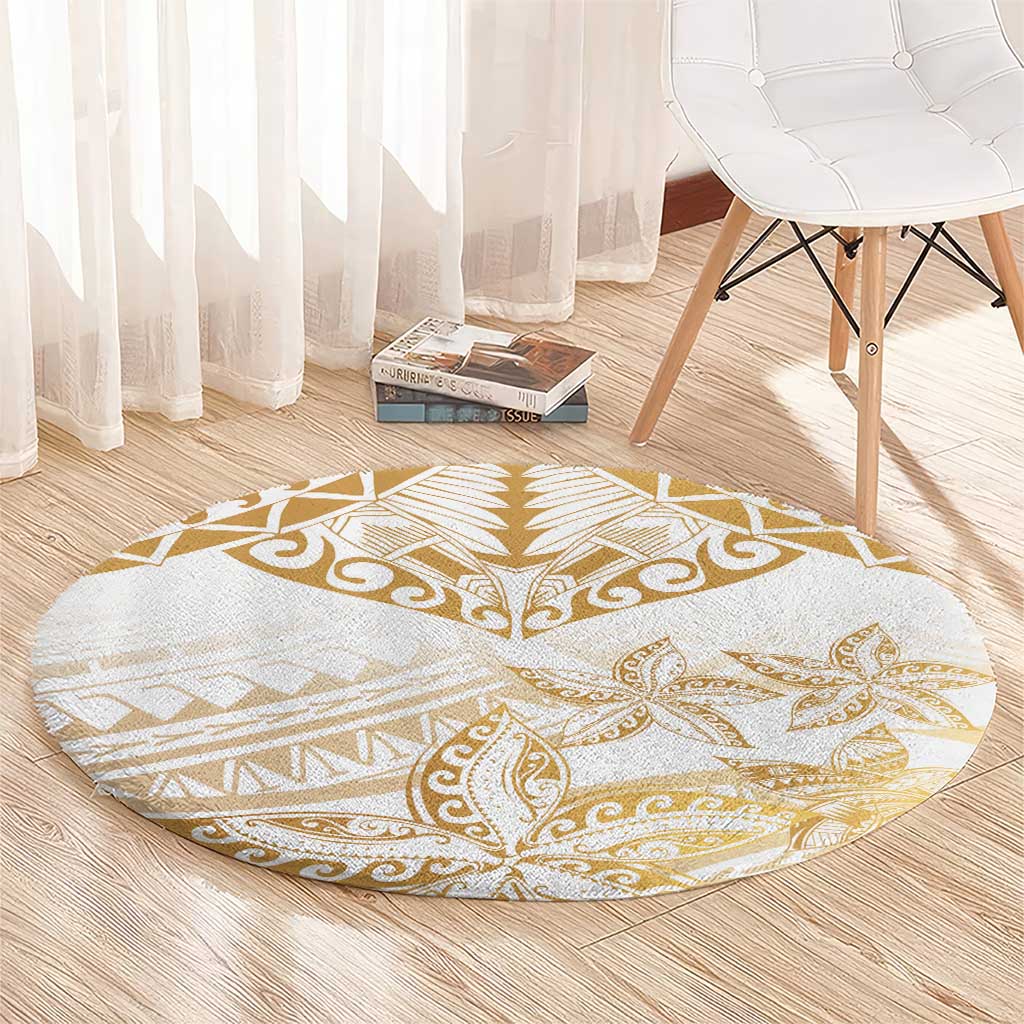 White and Gold Polynesia Round Carpet Plumeria Tattoo With Polynesian Pattern LT14 - Polynesian Pride