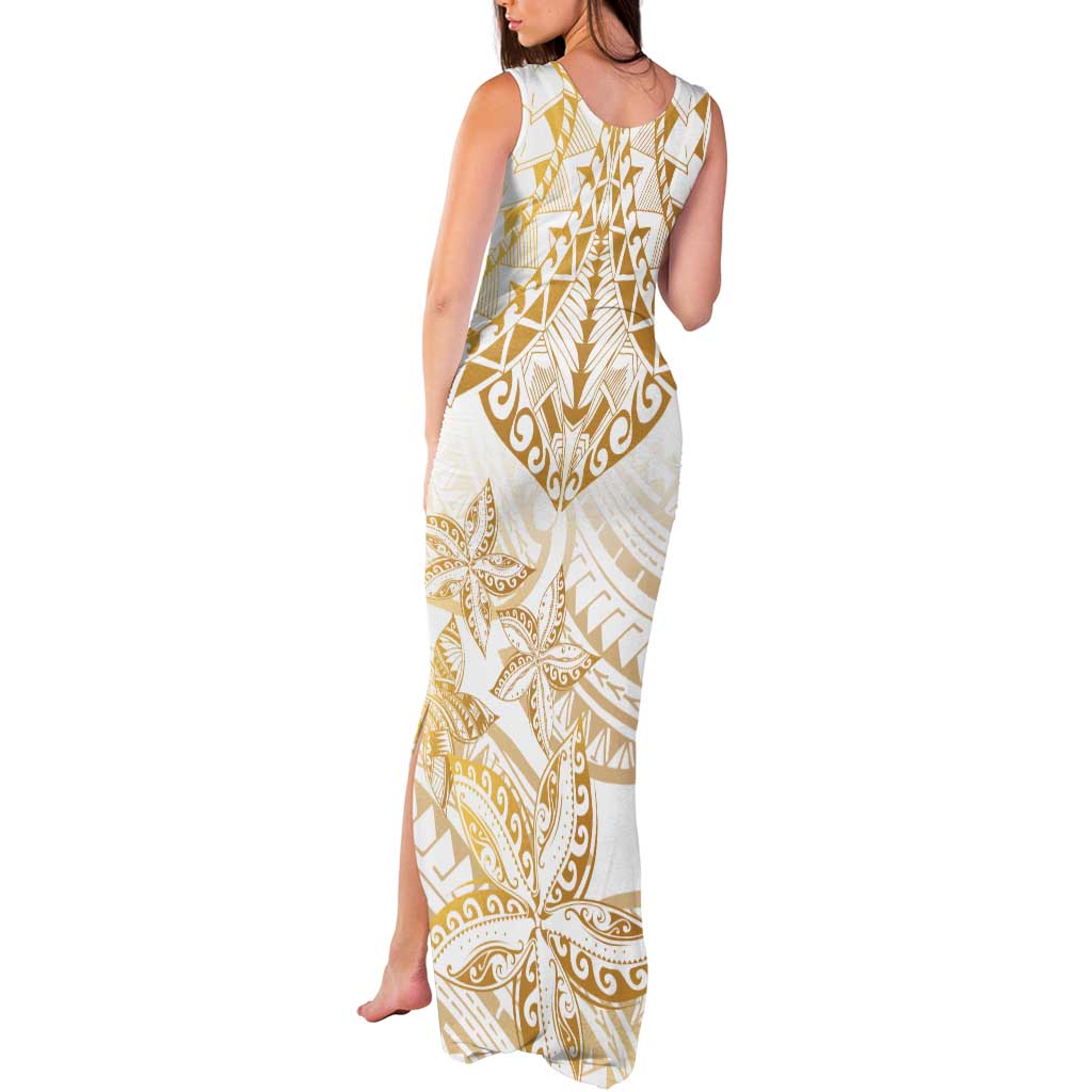 White and Gold Polynesia Tank Maxi Dress Plumeria Tattoo With Polynesian Pattern