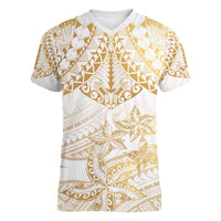White and Gold Polynesia Women V-Neck T-Shirt Plumeria Tattoo With Polynesian Pattern LT14 Female White - Polynesian Pride
