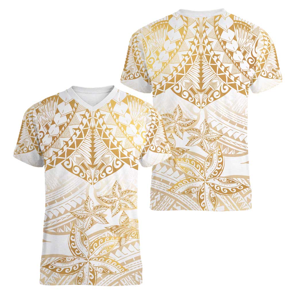 White and Gold Polynesia Women V-Neck T-Shirt Plumeria Tattoo With Polynesian Pattern LT14 - Polynesian Pride