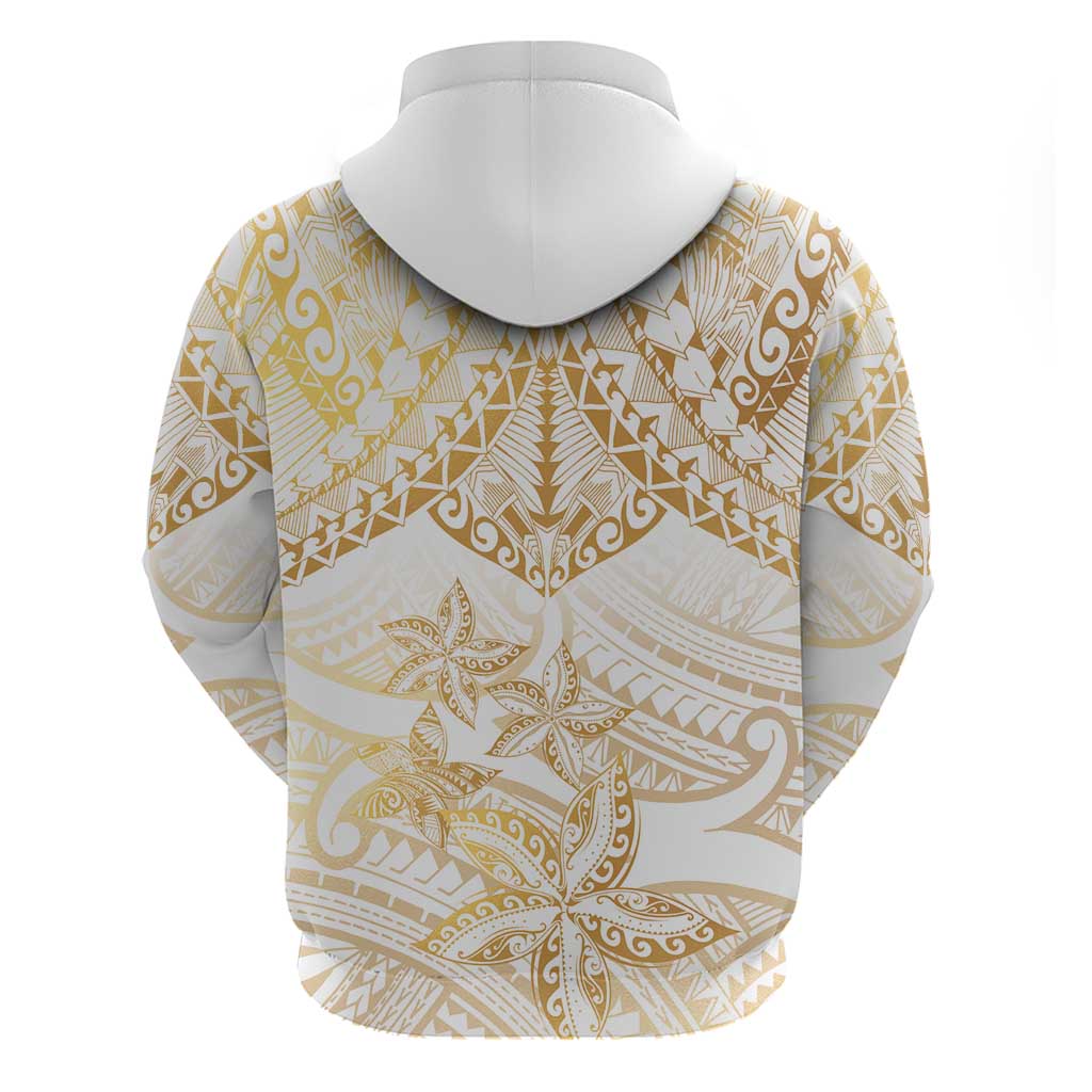 White and Gold Polynesia Zip Hoodie Plumeria Tattoo With Polynesian Pattern