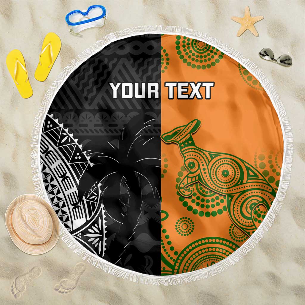 Custom Fiji And Australia Rugby Beach Blanket Fijian Tapa Pattern With Aussie Aboriginal Art LT14 One Size 150cm Black - Polynesian Pride