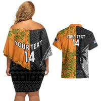 Custom Fiji And Australia Rugby Couples Matching Off Shoulder Short Dress and Hawaiian Shirt Fijian Tapa Pattern With Aussie Aboriginal Art