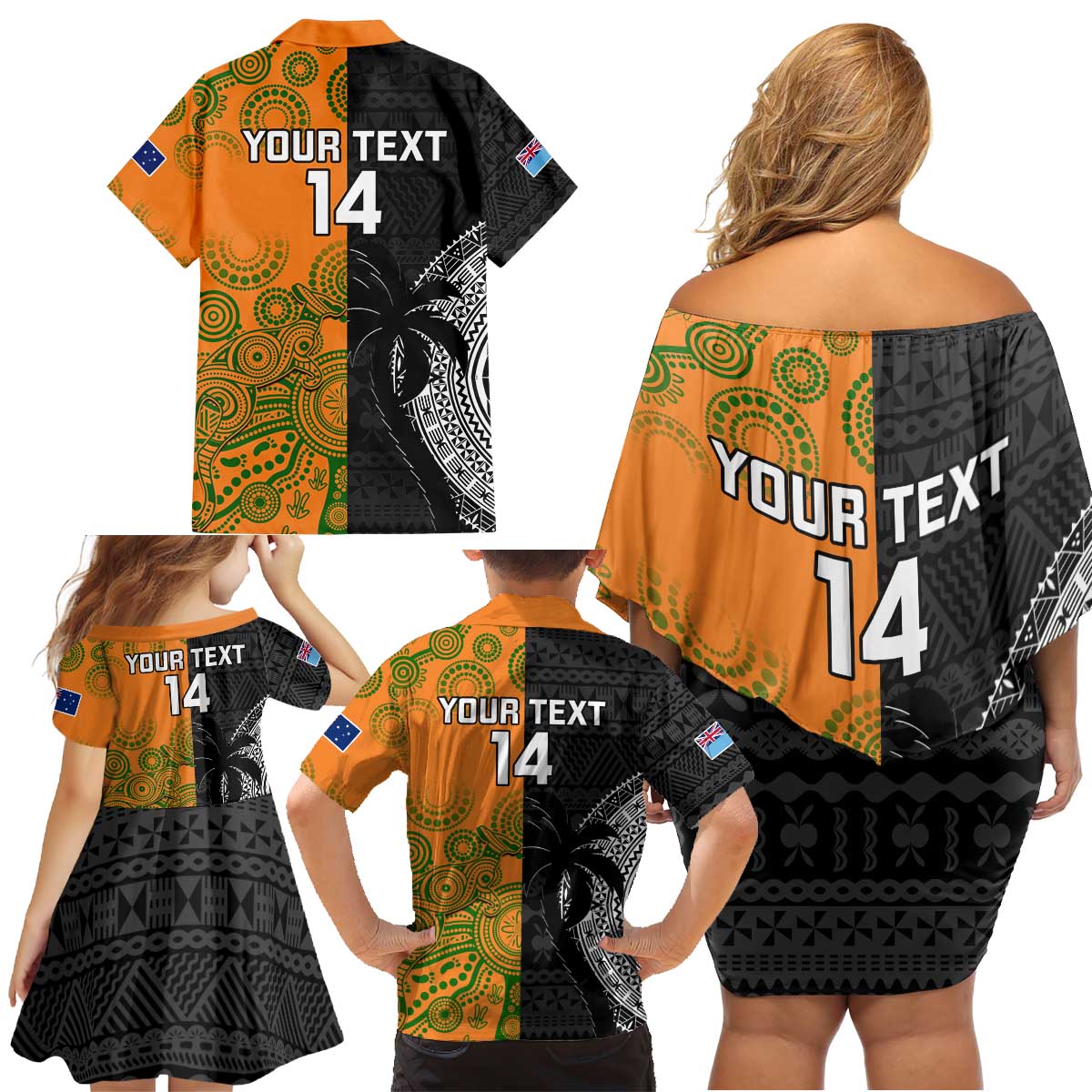 Custom Fiji And Australia Rugby Family Matching Off Shoulder Short Dress and Hawaiian Shirt Fijian Tapa Pattern With Aussie Aboriginal Art