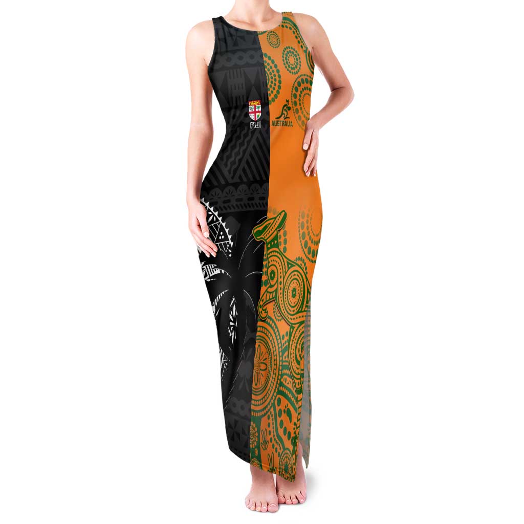 Custom Fiji And Australia Rugby Family Matching Tank Maxi Dress and Hawaiian Shirt Fijian Tapa Pattern With Aussie Aboriginal Art
