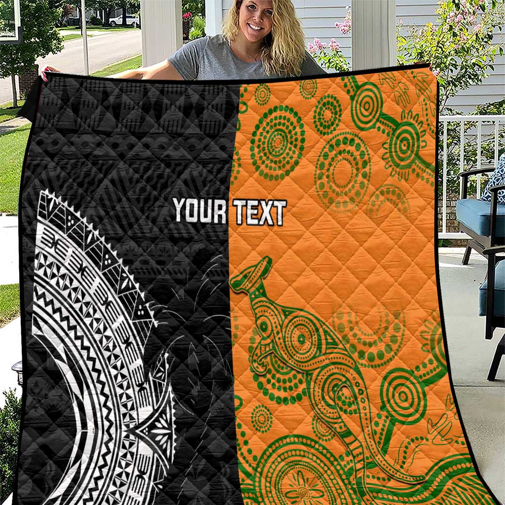 Custom Fiji And Australia Rugby Quilt Fijian Tapa Pattern With Aussie Aboriginal Art LT14 Black - Polynesian Pride
