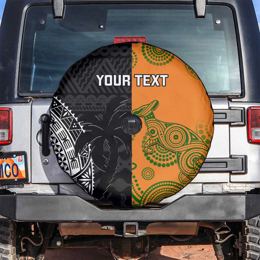 Custom Fiji And Australia Rugby Spare Tire Cover Fijian Tapa Pattern With Aussie Aboriginal Art LT14 Black - Polynesian Pride
