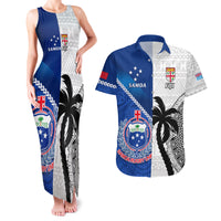 Fiji And Samoa Rugby Couples Matching Tank Maxi Dress and Hawaiian Shirt 2023 World Cup Samoan Mix Tapa Pattern LT14 Blue - Polynesian Pride