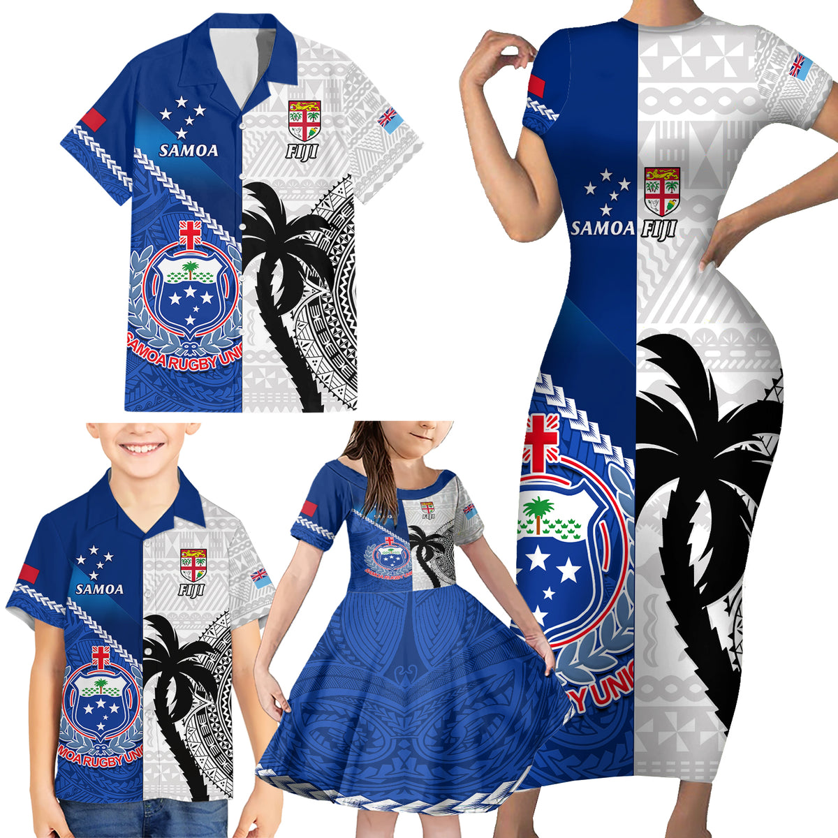 custom-fiji-and-samoa-rugby-family-matching-short-sleeve-bodycon-dress-and-hawaiian-shirt-2023-world-cup-samoan-mix-tapa-pattern