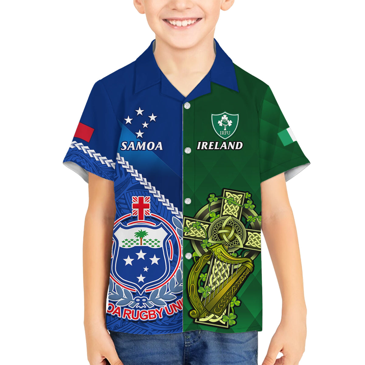 samoa-and-ireland-rugby-family-matching-off-shoulder-short-dress-and-hawaiian-shirt-2023-world-cup-manu-samoa-with-shamrocks