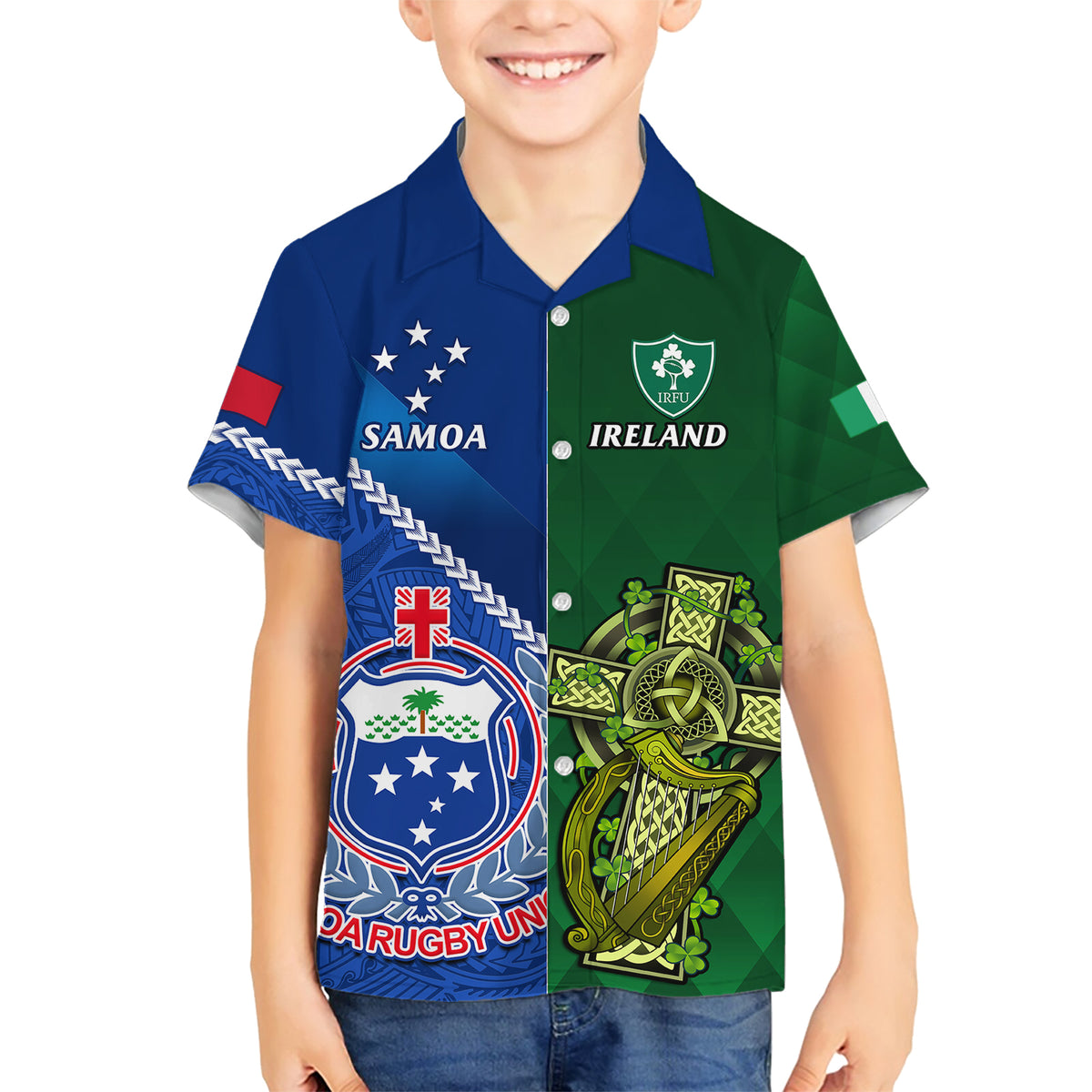 samoa-and-ireland-rugby-family-matching-short-sleeve-bodycon-dress-and-hawaiian-shirt-2023-world-cup-manu-samoa-with-shamrocks
