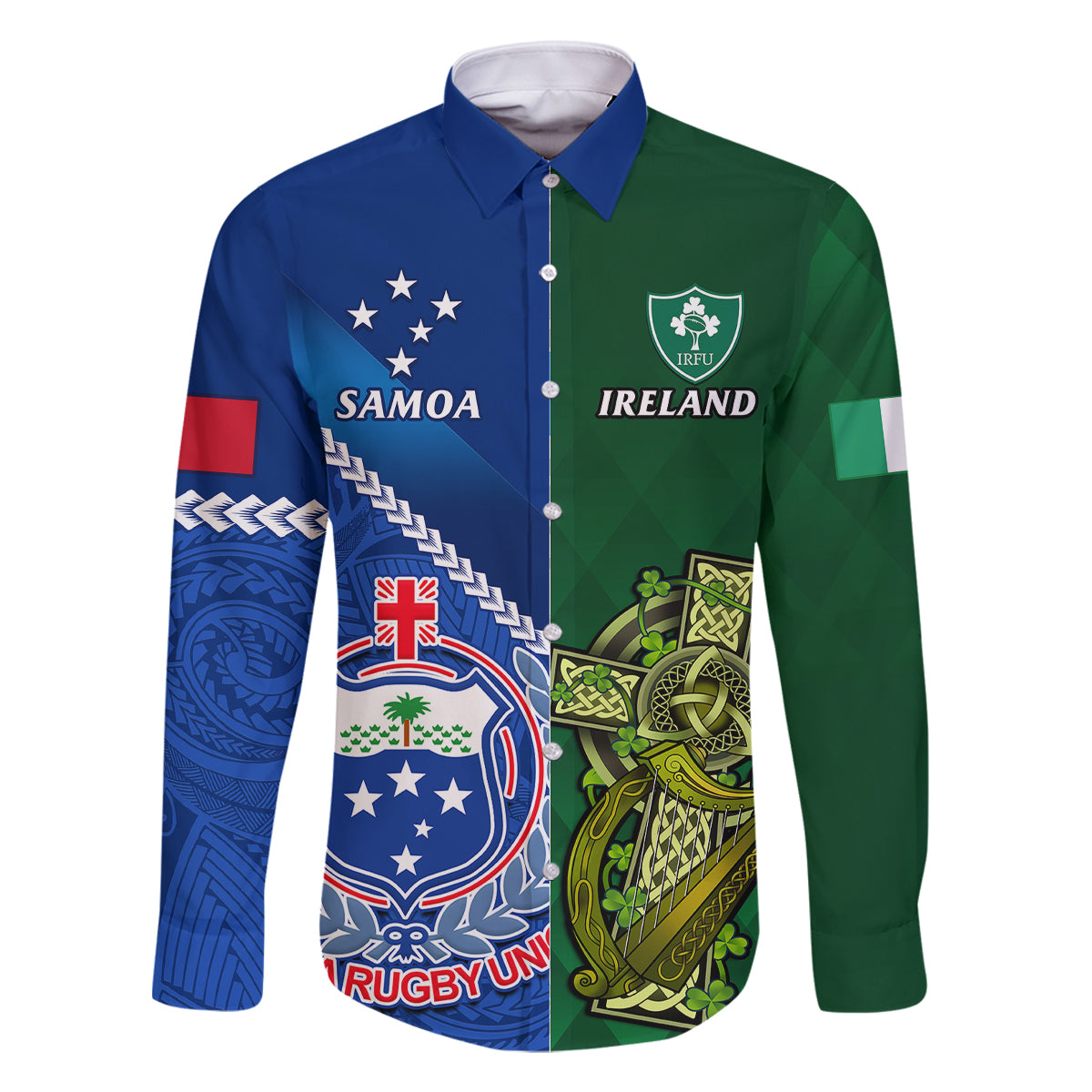custom-samoa-and-ireland-rugby-family-matching-long-sleeve-bodycon-dress-and-hawaiian-shirt-2023-world-cup-manu-samoa-with-shamrocks