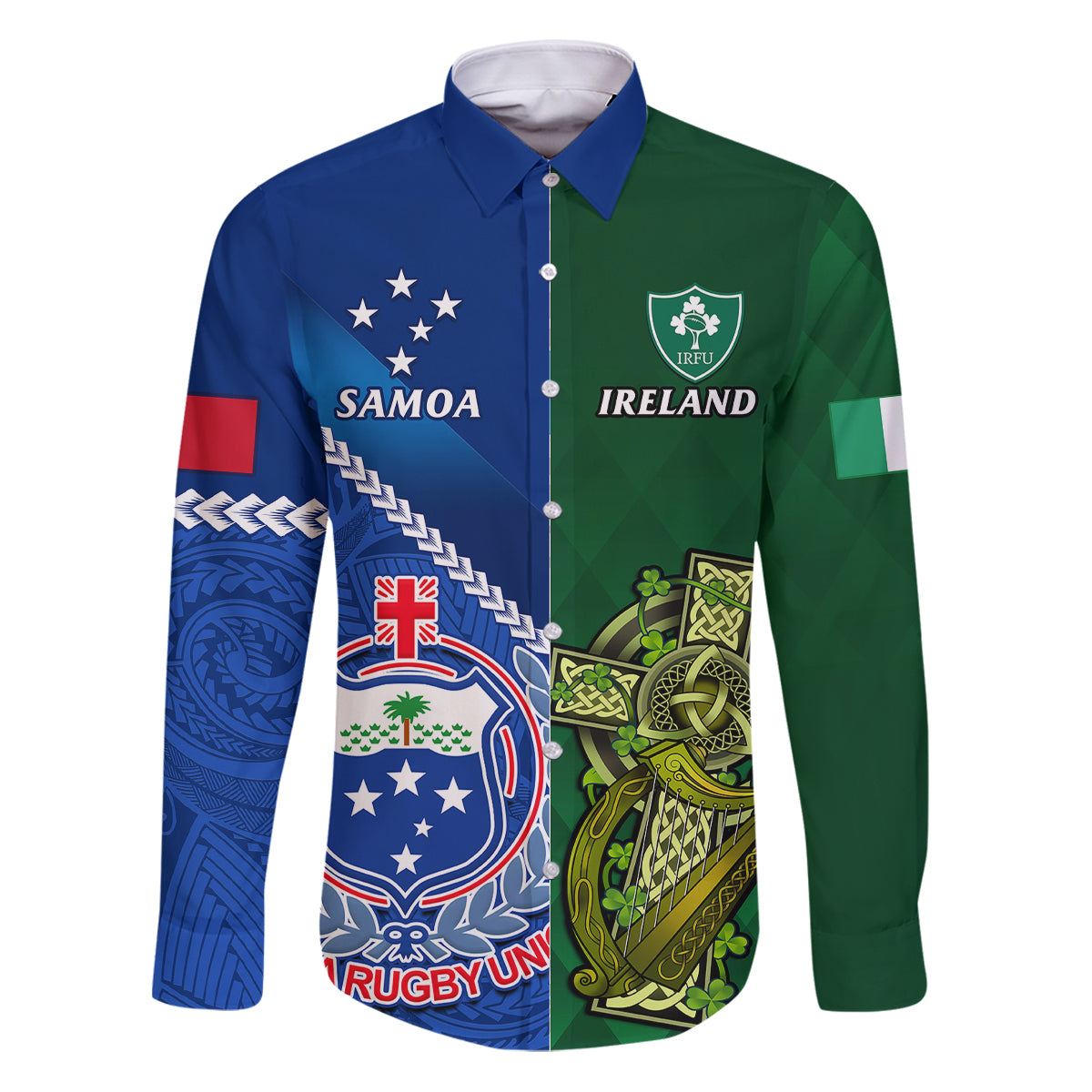 Custom Samoa And Ireland Rugby Family Matching Puletasi Dress and Hawaiian Shirt 2023 World Cup Manu Samoa With Shamrocks LT14 Dad's Shirt - Long Sleeve Blue - Polynesian Pride