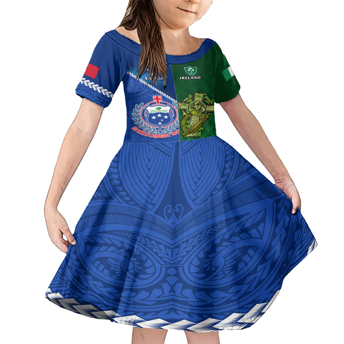 Custom Samoa And Ireland Rugby Kid Short Sleeve Dress 2023 World Cup Manu Samoa With Shamrocks LT14 KID Blue - Polynesian Pride