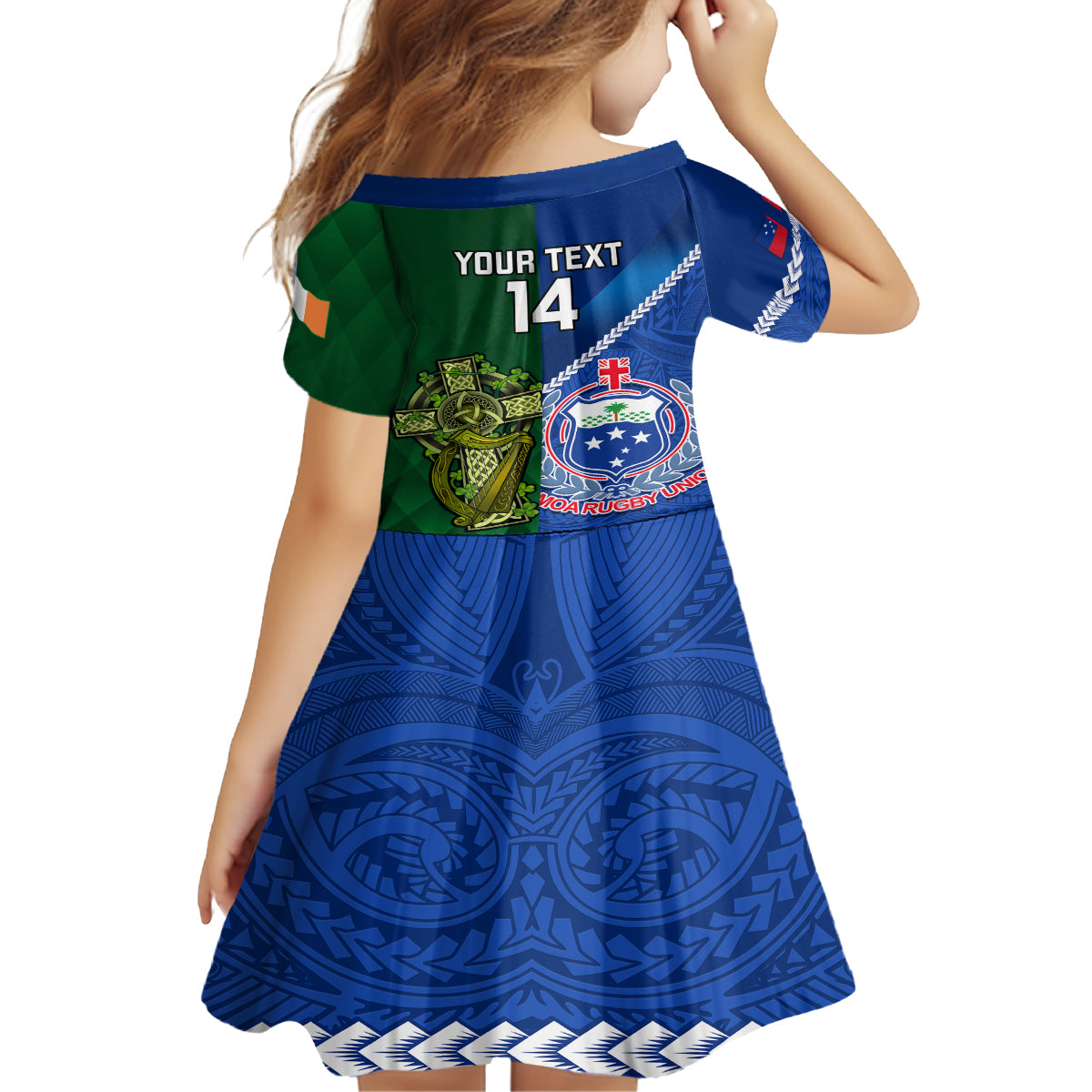 Custom Samoa And Ireland Rugby Kid Short Sleeve Dress 2023 World Cup Manu Samoa With Shamrocks LT14 - Polynesian Pride