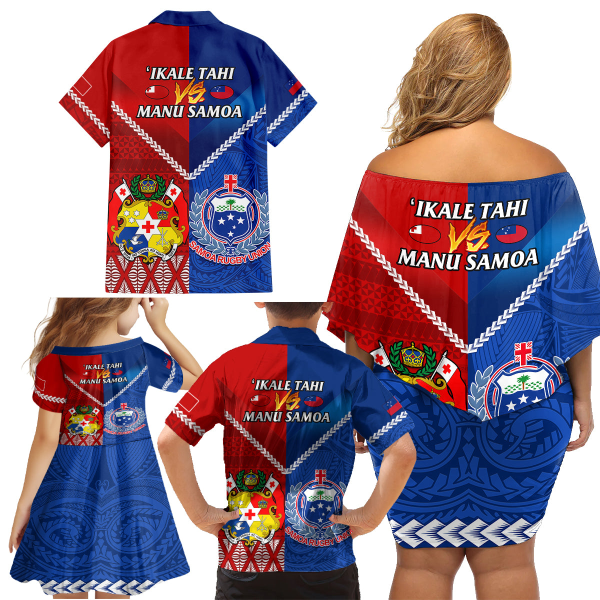 Samoa And Tonga Rugby Family Matching Off Shoulder Short Dress and Hawaiian Shirt 2023 World Cup Manu Samoa With Ikale Tahi LT14 - Polynesian Pride