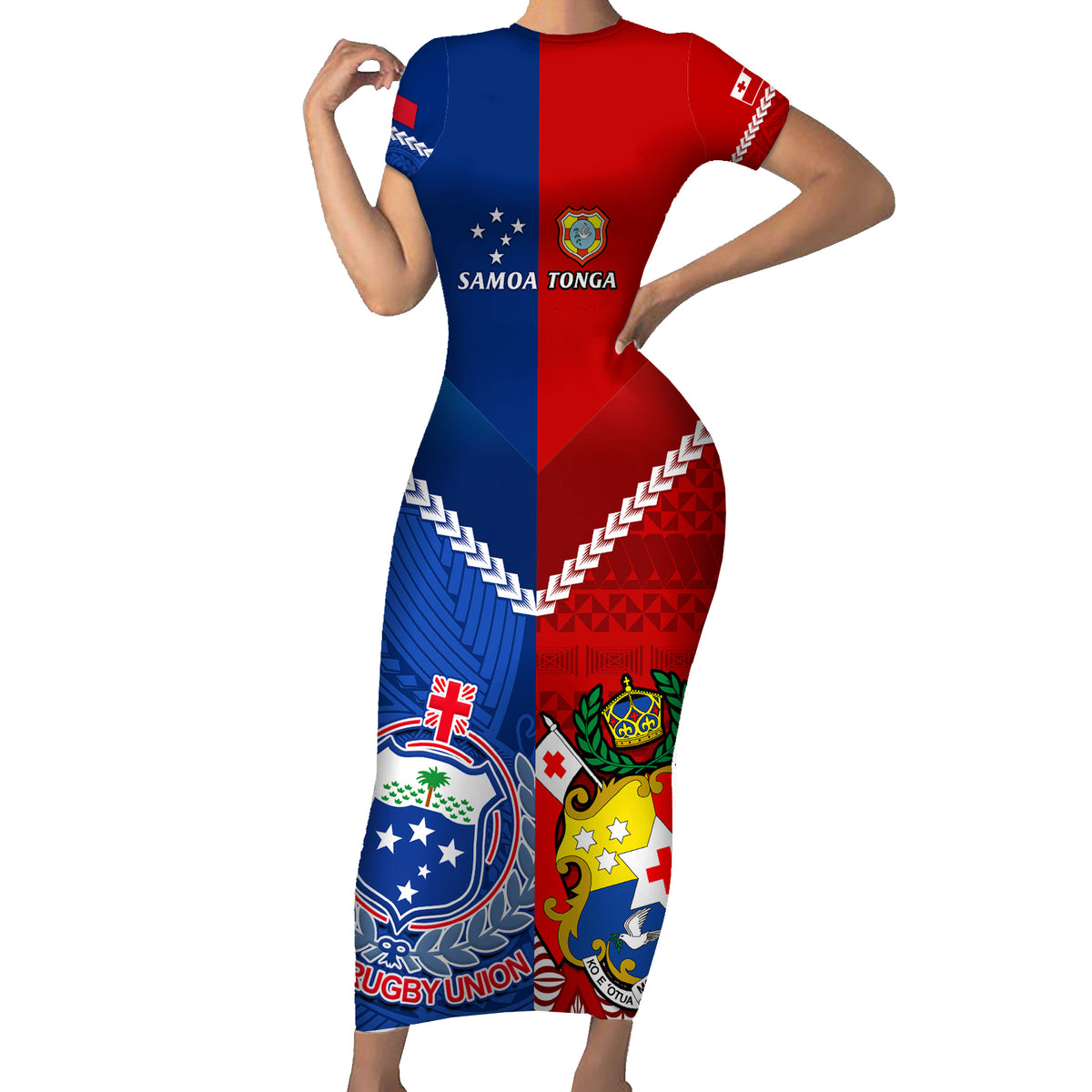 Samoa And Tonga Rugby Family Matching Short Sleeve Bodycon Dress and Hawaiian Shirt 2023 World Cup Manu Samoa With Ikale Tahi LT14 Mom's Dress Blue - Polynesian Pride