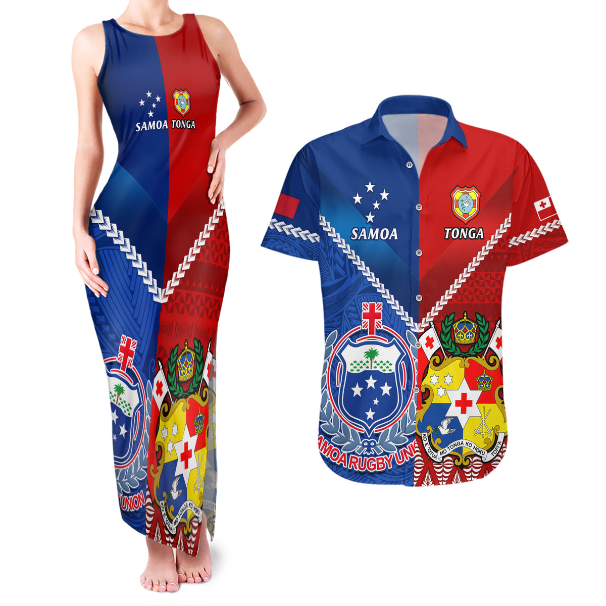 Custom Samoa And Tonga Rugby Couples Matching Tank Maxi Dress and Hawaiian Shirt 2023 World Cup Manu Samoa With Ikale Tahi LT14 Blue - Polynesian Pride