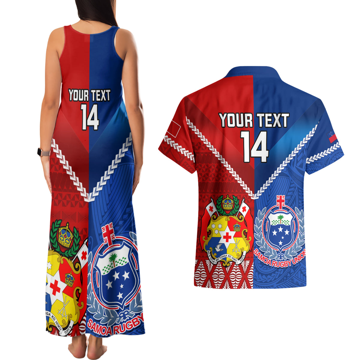 Custom Samoa And Tonga Rugby Couples Matching Tank Maxi Dress and Hawaiian Shirt 2023 World Cup Manu Samoa With Ikale Tahi LT14 - Polynesian Pride