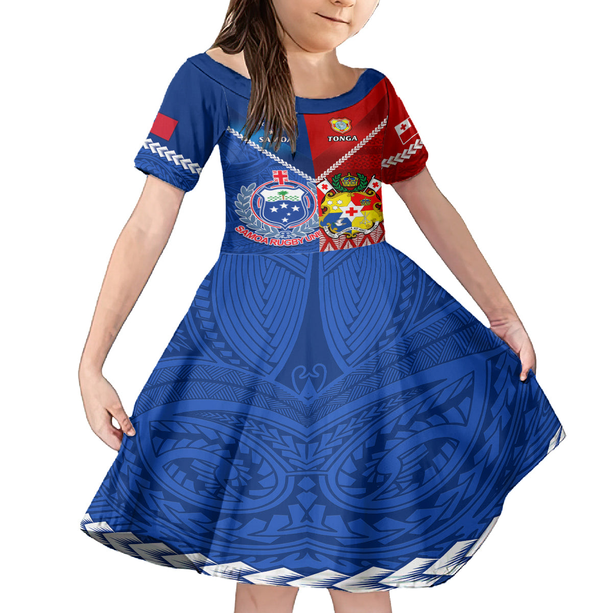 Custom Samoa And Tonga Rugby Family Matching Long Sleeve Bodycon Dress and Hawaiian Shirt 2023 World Cup Manu Samoa With Ikale Tahi LT14 Daughter's Dress Blue - Polynesian Pride
