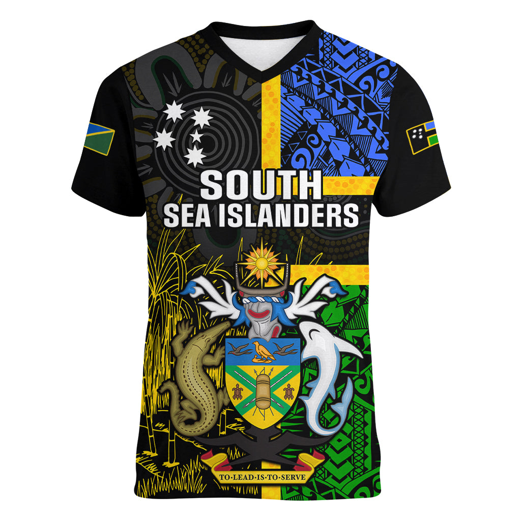 South Sea Islanders Women V Neck T Shirt Kanakas With Solomon Islands Coat Of Arms LT14 Female Black - Polynesian Pride