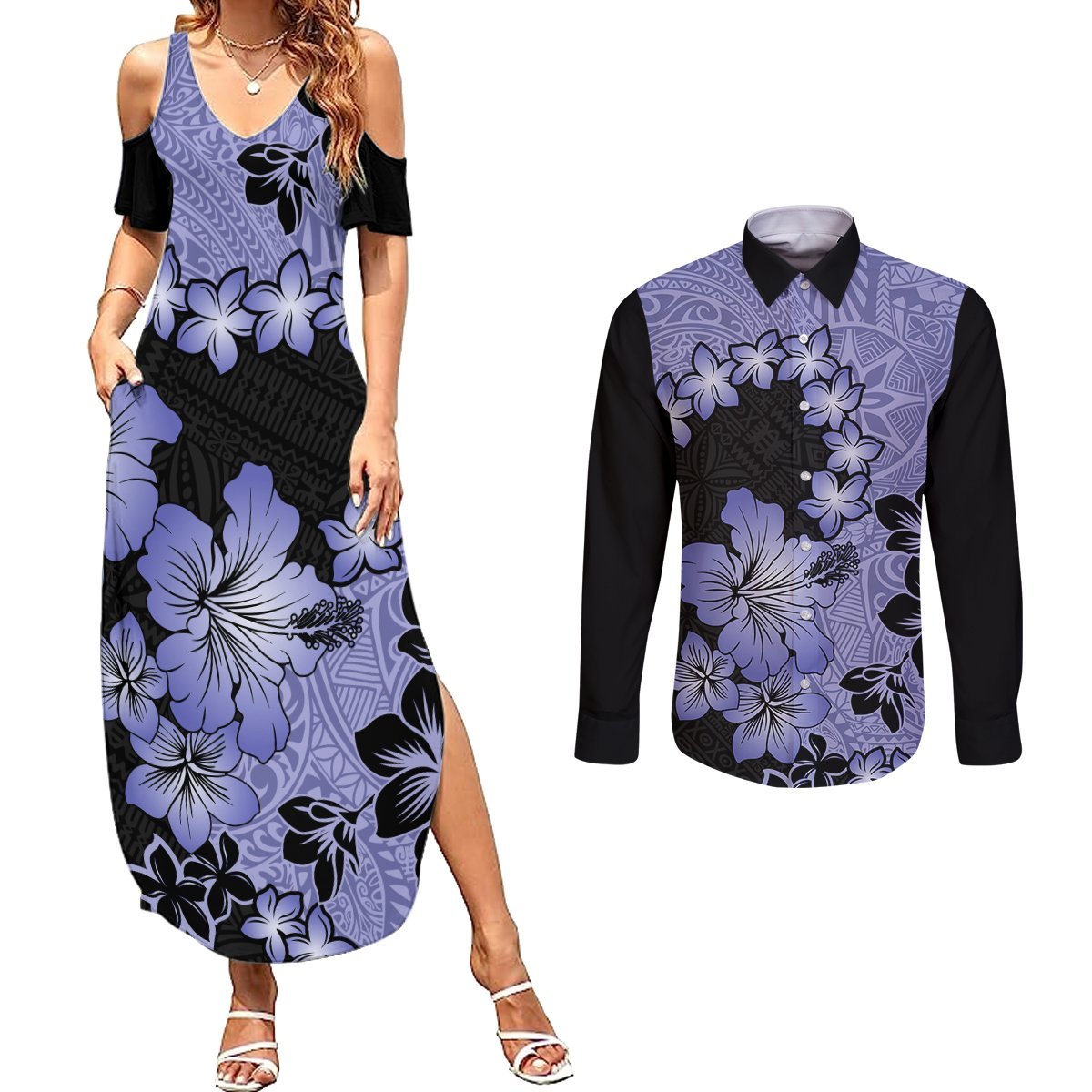 Purple Hawaii Couples Matching Summer Maxi Dress and Long Sleeve Button Shirt Tapa Cloth Mix Tropical Flowers Pastel Vibes LT14 Purple - Polynesian Pride
