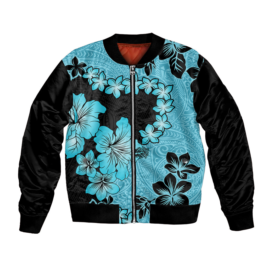 Blue Hawaii Bomber Jacket Tapa Cloth Mix Tropical Flowers Pastel Vibes LT14 Unisex Blue - Polynesian Pride