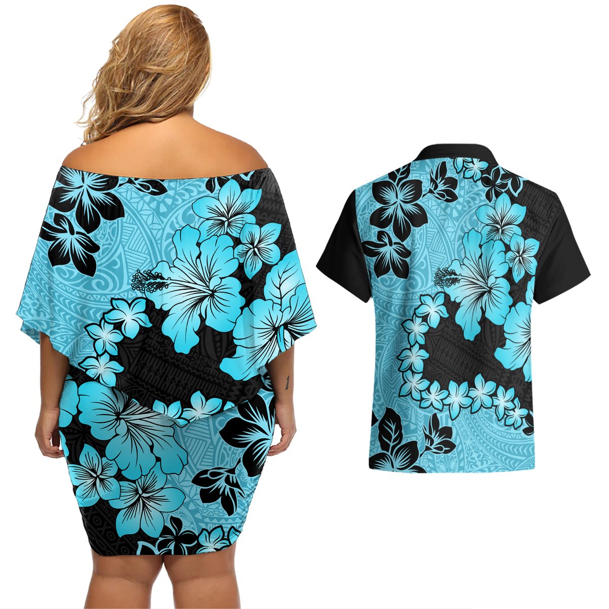 Blue Hawaii Couples Matching Off Shoulder Short Dress and Hawaiian Shirt Tapa Cloth Mix Tropical Flowers Pastel Vibes LT14 - Polynesian Pride