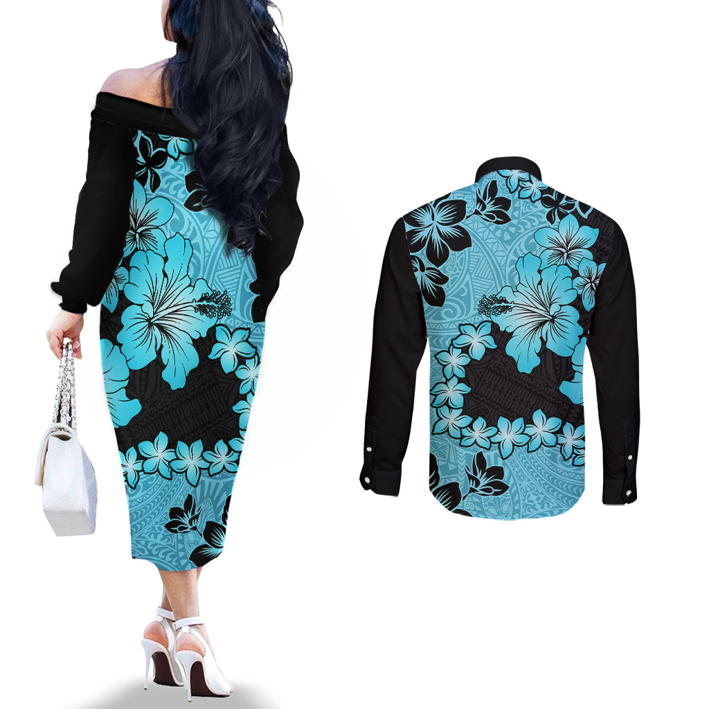 Blue Hawaii Couples Matching Off The Shoulder Long Sleeve Dress and Long Sleeve Button Shirt Tapa Cloth Mix Tropical Flowers Pastel Vibes LT14 - Polynesian Pride