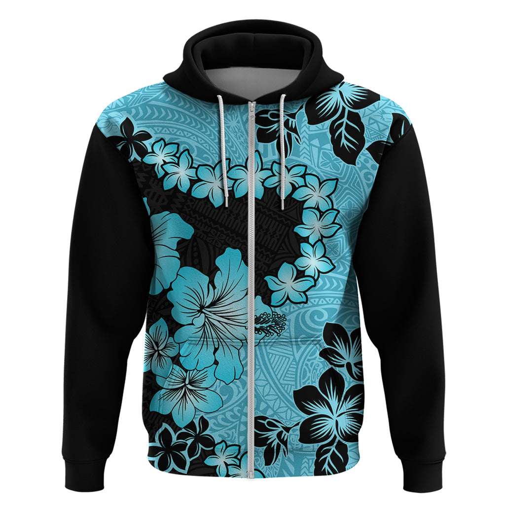 Blue Hawaii Hoodie Tapa Cloth Mix Tropical Flowers Pastel Vibes LT14 Zip Hoodie Blue - Polynesian Pride
