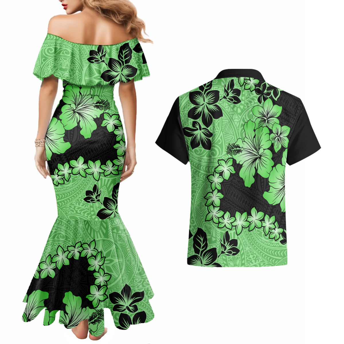 Green Hawaii Couples Matching Mermaid Dress and Hawaiian Shirt Tapa Cloth Mix Tropical Flowers Pastel Vibes LT14 - Polynesian Pride