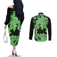 Green Hawaii Couples Matching Off The Shoulder Long Sleeve Dress and Long Sleeve Button Shirt Tapa Cloth Mix Tropical Flowers Pastel Vibes LT14 - Polynesian Pride