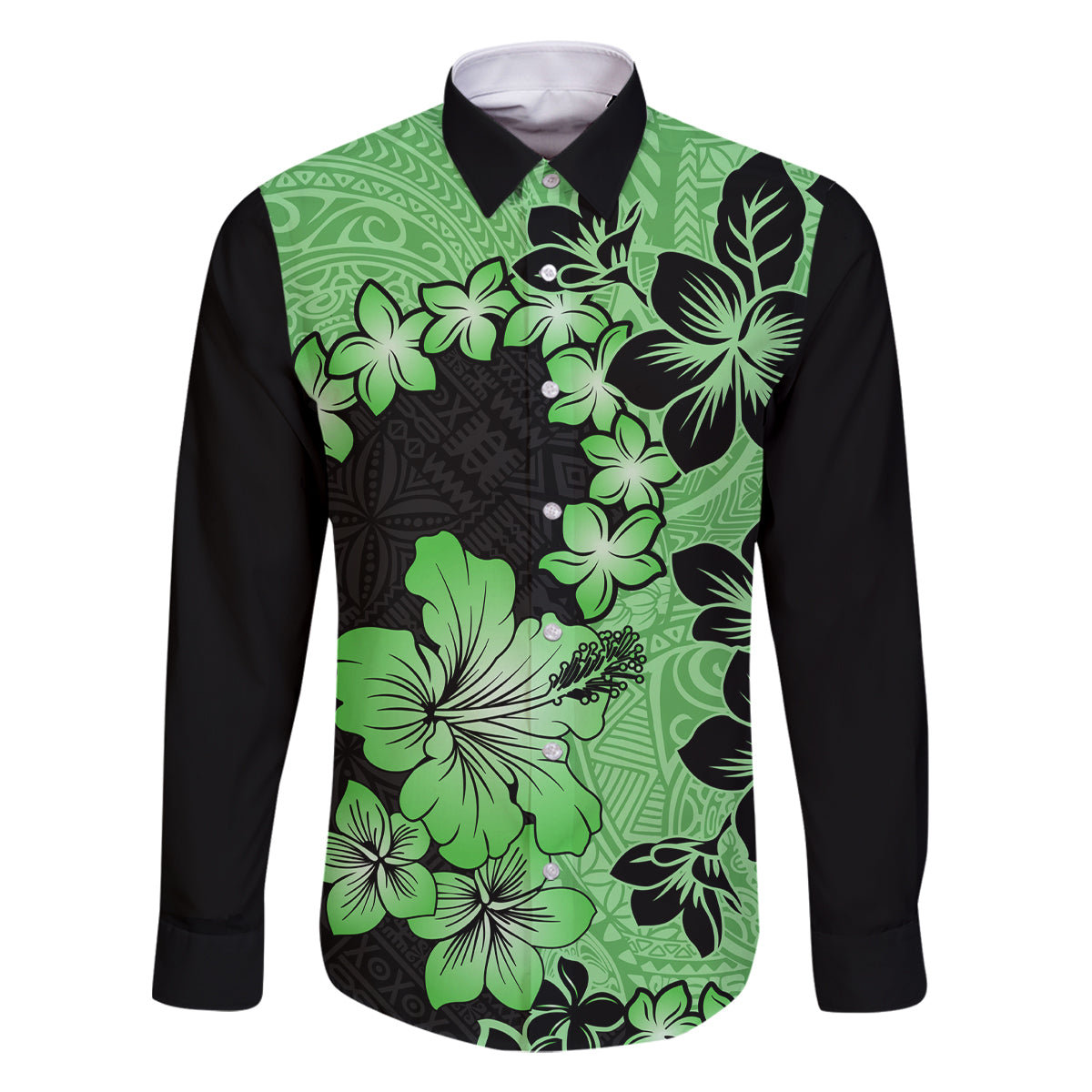 Green Hawaii Family Matching Off Shoulder Long Sleeve Dress and Hawaiian Shirt Tapa Cloth Mix Tropical Flowers Pastel Vibes LT14 Dad's Shirt - Long Sleeve Green - Polynesian Pride