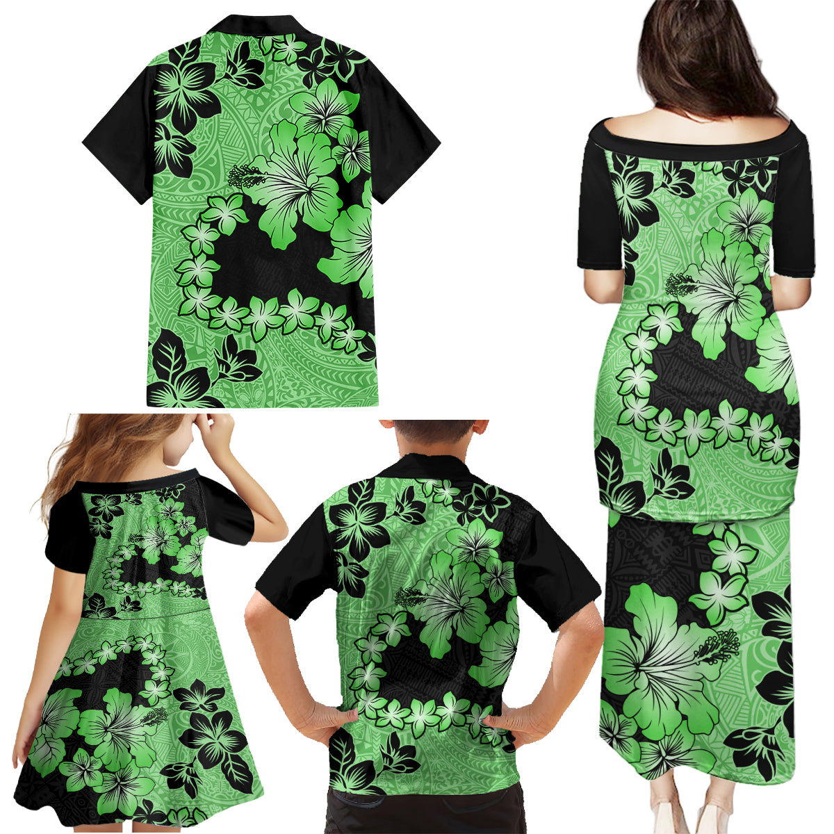 Green Hawaii Family Matching Puletasi Dress and Hawaiian Shirt Tapa Cloth Mix Tropical Flowers Pastel Vibes LT14 - Polynesian Pride